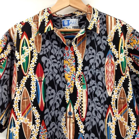 RJC Vintage Shirt Men's XL Multicolor Surf Boards Floral Button Hawaiian Pocket - Picture 2 of 12
